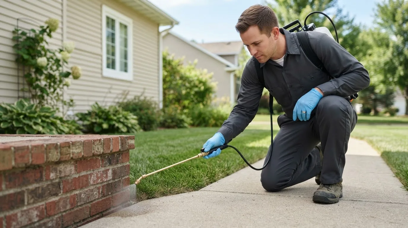 Pest control technician treating a home near New Freedom, PA